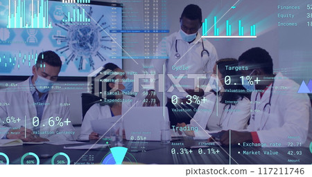 Image of financial data processing over diverse business people in office 117211746