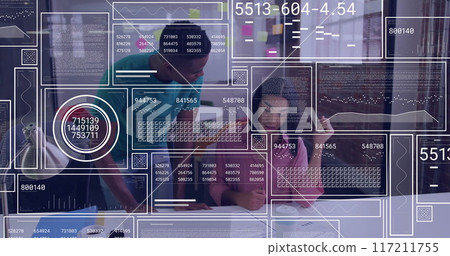 Image of financial data processing over diverse business people in office Image of financial data processing over diverse business people in office 117211755