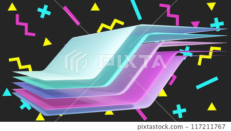 Image of multi coloured layers waving over abstract shapes on black background 117211767