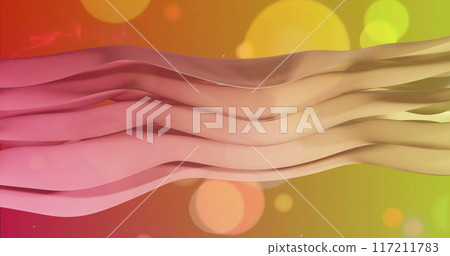 Image of multi coloured layers waving over spots on orange to yellow background 117211783