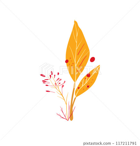 Hand drawn branch with yellow leaves and red berries. Simple plant design. Flat vector illustration. Icon. Hand drawn branch with yellow leaves and red berries. Simple plant design. Flat vector illustration. Icon. 117211791