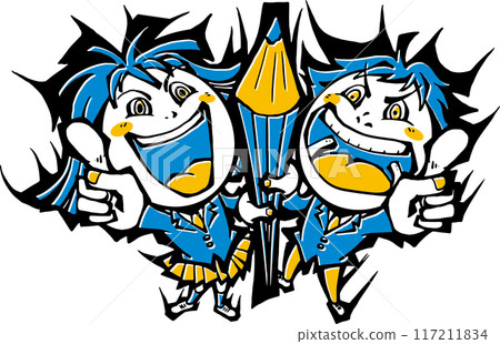 Illustration of male and female students holding pencils <Junior high school students, high school students, uniforms, blazers, two people, pencil, studying, pointing> 117211834
