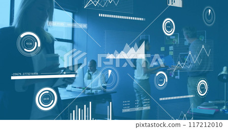 Image of financial data processing over diverse colleagues discussing work in office Image of financial data processing over diverse colleagues discussing work in office 117212010