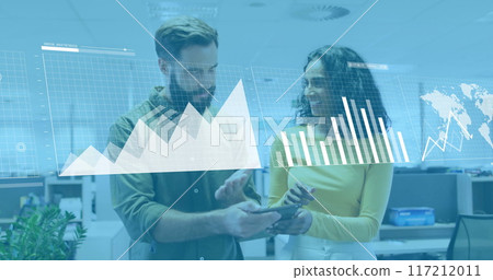 Image of financial data processing over diverse colleagues discussing work in office Image of financial data processing over diverse colleagues discussing work in office 117212011