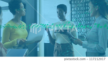 Image of financial data processing over diverse colleagues discussing work in office 117212017