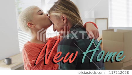 Image of new home text over gay lesbian couple kissing at home 117212038