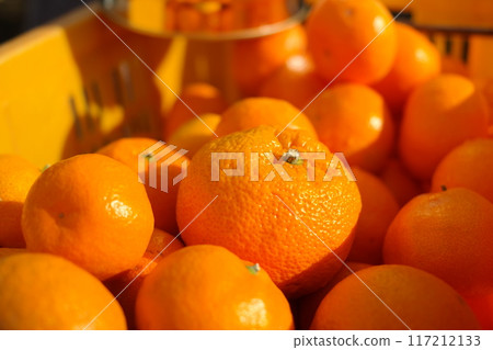 Ripe tangerines in a basket, close-up. Ripe tangerines in a basket, close-up. 117212133