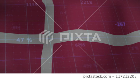 Danish flag with financial data and statistics image over red background Danish flag with financial data and statistics image over red background 117212205