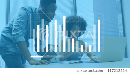 Image of financial data processing over diverse colleagues discussing work in office Image of financial data processing over diverse colleagues discussing work in office 117212214