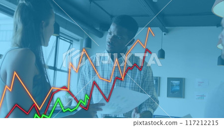 Image of financial data processing over diverse colleagues discussing work in office Image of financial data processing over diverse colleagues discussing work in office 117212215