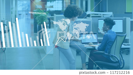 Image of financial data processing over diverse colleagues discussing work in office Image of financial data processing over diverse colleagues discussing work in office 117212216