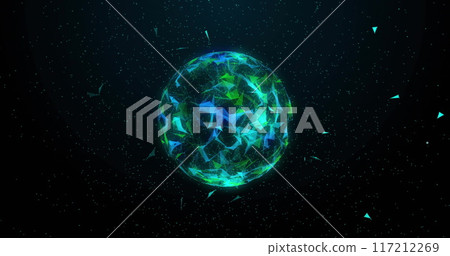DNA strand image over rotating globe with glowing particles 117212269