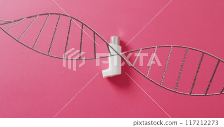 Inhaler placed within DNA strand image on pink background Inhaler placed within DNA strand image on pink background 117212273