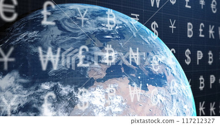 Image of currency symbols and digital data processing over globe on dark background 117212327