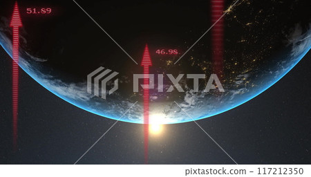 Image of digital data processing and arrows over globe on dark background Image of digital data processing and arrows over globe on dark background 117212350
