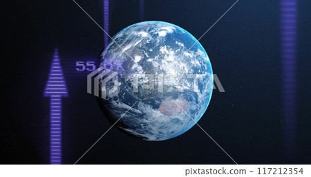 Image of financial data processing with arrows over globe 117212354