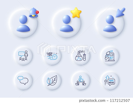Chemistry lab, People chatting and Quick tips line icons. Placeholder with 3d cursor, bell, star. Pack of Diesel station, Teamwork, Leaf icon. Chat message, Fake news pictogram. Vector 117212507