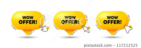 Wow offer tag. Click here buttons. Special Sale price sign. Advertising Discounts symbol. Wow offer speech bubble chat message. Talk box infographics. Vector 117212525