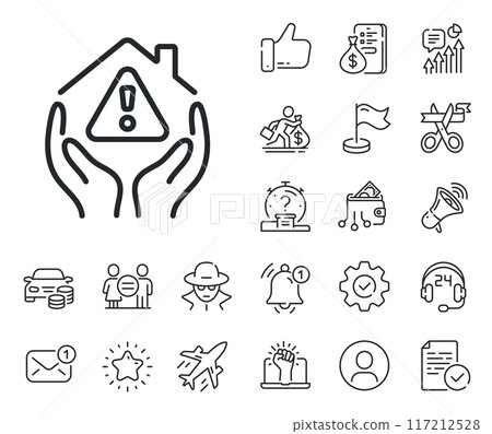 Building warning sign. Salaryman, gender equality and alert bell outline icons. House protection line icon. Home insurance symbol. House protection line sign. Spy or profile placeholder icon. Vector Building warning sign. Salaryman, gender equality and alert bell outline icons. House protection line icon. Home insurance symbol. House protection line sign. Spy or profile placeholder icon. Vector 117212528