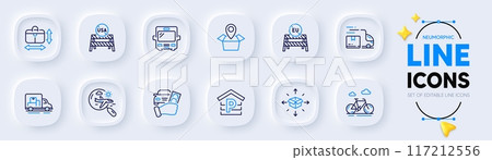 Rent car, Delivery truck and Truck transport line icons for web app. Pack of Search flight, Parcel delivery, Eu close borders pictogram icons. Bus, Usa close borders, Parking signs. Vector Rent car, Delivery truck and Truck transport line icons for web app. Pack of Search flight, Parcel delivery, Eu close borders pictogram icons. Bus, Usa close borders, Parking signs. Vector 117212556