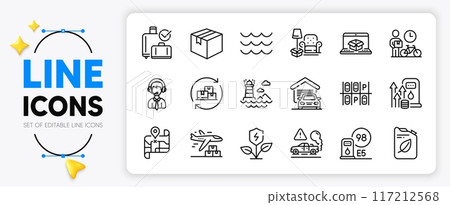 Baggage reclaim, Delivery plane and Map line icons set for app include Shipping support, Eco power, Garage outline thin icon. Exhaust, Parcel, Canister pictogram icon. Online delivery. Vector 117212568
