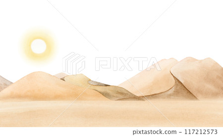 Watercolor desert dunes and sand landscape with shining sun hand drawn illustration isolated on white. Monochrome African nature sketch in beige and yellow colors. Panoramic horizontal clipart 117212573