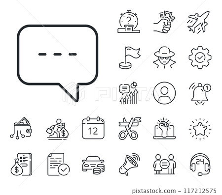 Speech bubble sign. Salaryman, gender equality and alert bell outline icons. Chat line icon. Communication or Comment symbol. Blog line sign. Spy or profile placeholder icon. Vector 117212575
