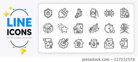 Fingerprint access, Falling star and Smile line icons set for app include Electric plug, Settings gear, Bitcoin system outline thin icon. Shield, Like app, Manual doc pictogram icon. Vector 117212578