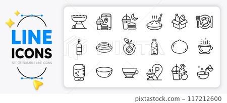 Food donation, Grill and Food app line icons set for app include Porridge, Coffee cup, Cooking water outline thin icon. Seafood, Dishes, Grill place pictogram icon. Bowl dish, Night eat. Vector Food donation, Grill and Food app line icons set for app include Porridge, Coffee cup, Cooking water outline thin icon. Seafood, Dishes, Grill place pictogram icon. Bowl dish, Night eat. Vector 117212600