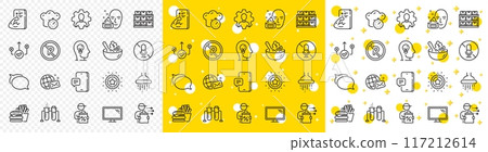 Outline Chemistry beaker, Monitor and No microphone line icons pack for web with World mail, Salad, Correct way line icon. Burger, Face cream, Fitness pictogram icon. Professional. Vector 117212614