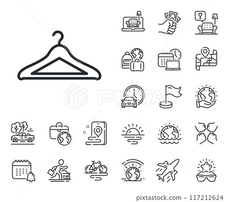 Hanger wardrobe sign. Plane jet, travel map and baggage claim outline icons. Cloakroom line icon. Clothes service symbol. Cloakroom line sign. Car rental, taxi transport icon. Place location. Vector 117212624