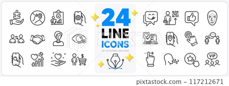 Icons set of Dont touch, Cursor and App settings line icons pack for app with Handshake, Buyer, Yummy smile thin outline icon. Vip clients, Touchscreen gesture, Breathing exercise pictogram. Vector Icons set of Dont touch, Cursor and App settings line icons pack for app with Handshake, Buyer, Yummy smile thin outline icon. Vip clients, Touchscreen gesture, Breathing exercise pictogram. Vector 117212671