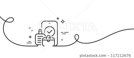 Carry-on baggage line icon. Continuous one line with curl. Travel handbag sign. Allowed luggage bag symbol. Carry-on baggage single outline ribbon. Loop curve pattern. Vector 117212676