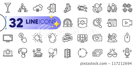 Outline set of Notification calendar, Search and Medical vaccination line icons for web with Video camera, Card, Teamwork thin icon. Snow weather, Open door, Bid offer pictogram icon. Vector Outline set of Notification calendar, Search and Medical vaccination line icons for web with Video camera, Card, Teamwork thin icon. Snow weather, Open door, Bid offer pictogram icon. Vector 117212694