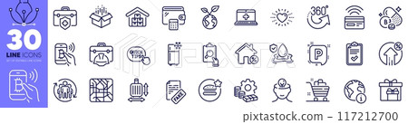 Bitcoin pay, Money and Niacin vitamin line icons pack. Contactless payment, Wholesale goods, Checklist web icon. Teamwork, Fake news, Save planet pictogram. Baggage size, Wallet, Medical help. Vector Bitcoin pay, Money and Niacin vitamin line icons pack. Contactless payment, Wholesale goods, Checklist web icon. Teamwork, Fake news, Save planet pictogram. Baggage size, Wallet, Medical help. Vector 117212700
