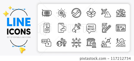 Megaphone, Qr code and Seo statistics line icons set for app include Innovation, Home moving, Music outline thin icon. Outsource work, Mobile finance, Checkbox pictogram icon. Dao. Vector 117212734