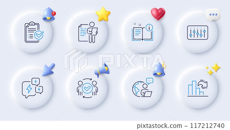 Manual, Outsource work and Job interview line icons. Buttons with 3d bell, chat speech, cursor. Pack of Decreasing graph, Approved teamwork, Stress icon. Vector Manual, Outsource work and Job interview line icons. Buttons with 3d bell, chat speech, cursor. Pack of Decreasing graph, Approved teamwork, Stress icon. Vector 117212740
