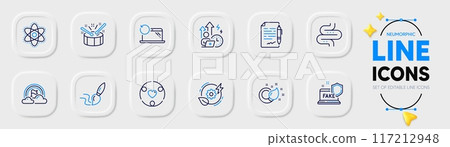 Chemistry atom, Green energy and Difficult stress line icons for web app. Pack of Brush, Drums, Lgbt pictogram icons. Intestine, Fake internet, Paint brush signs. Inclusion. Neumorphic buttons. Vector 117212948
