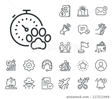 Pets timer sign. Salaryman, gender equality and alert bell outline icons. Dog competition line icon. Activities results symbol. Dog competition line sign. Spy or profile placeholder icon. Vector Pets timer sign. Salaryman, gender equality and alert bell outline icons. Dog competition line icon. Activities results symbol. Dog competition line sign. Spy or profile placeholder icon. Vector 117212949