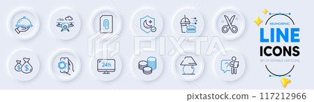 Restaurant food, Attachment and Food delivery line icons for web app. Pack of Table lamp, Guard, Coins bags pictogram icons. Tips, Drone, Scissors signs. 24h service, Covid app. Vector Restaurant food, Attachment and Food delivery line icons for web app. Pack of Table lamp, Guard, Coins bags pictogram icons. Tips, Drone, Scissors signs. 24h service, Covid app. Vector 117212966