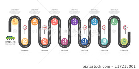 Infographic 2025  road timeline presentation, 12 months. elements diagram template for business. roadmap with circle topics, vector infographics. 117213001