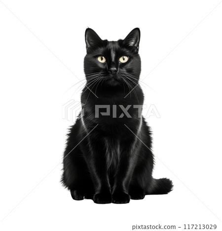 Elegant Black Cat Sitting Upright in Isolated Position Without Background 117213029