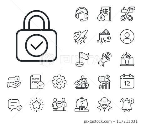 Cyber defence sign. Salaryman, gender equality and alert bell outline icons. Security lock line icon. Private protection symbol. Security lock line sign. Spy or profile placeholder icon. Vector Cyber defence sign. Salaryman, gender equality and alert bell outline icons. Security lock line icon. Private protection symbol. Security lock line sign. Spy or profile placeholder icon. Vector 117213031