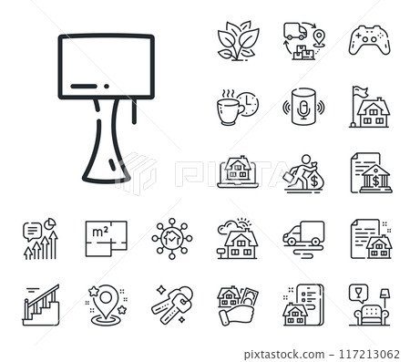 Bedside light sign. Floor plan, stairs and lounge room outline icons. Table lamp line icon. Interior illuminate symbol. Table lamp line sign. House mortgage, sell building icon. Real estate. Vector Bedside light sign. Floor plan, stairs and lounge room outline icons. Table lamp line icon. Interior illuminate symbol. Table lamp line sign. House mortgage, sell building icon. Real estate. Vector 117213062