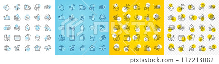 Vector icons set of World statistics, No waterproof and Hypoallergenic tested line icons pack for web with Medical mask, Windmill turbine, Ambulance car outline icon. Chemistry lab. Vector 117213082