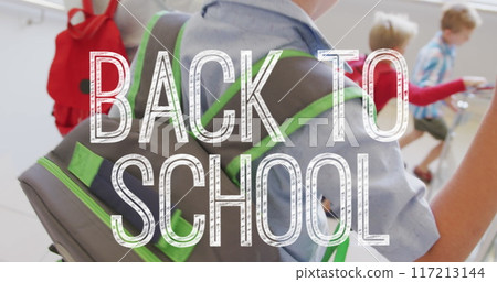 Image of back to school text over happy diverse school kids at school 117213144