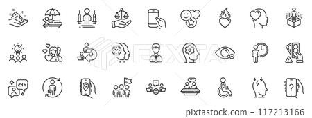 Icons pack as Businessman, Justice scales and Sunbed line icons for app include Time management, Stress, Location app outline thin icon web set. Ask question, Augmented reality. Vector 117213166