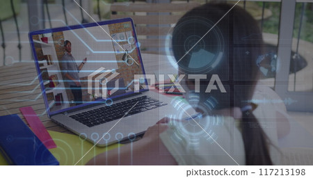 Image of round scanner and microprocessor connections against girl having a image call on laptop 117213198