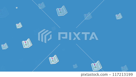 Image of multiple science textbook icons in seamless pattern on blue background with copy space Image of multiple science textbook icons in seamless pattern on blue background with copy space 117213199
