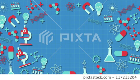 Image of multiple science concept icons against blue background with copy space Image of multiple science concept icons against blue background with copy space 117213204